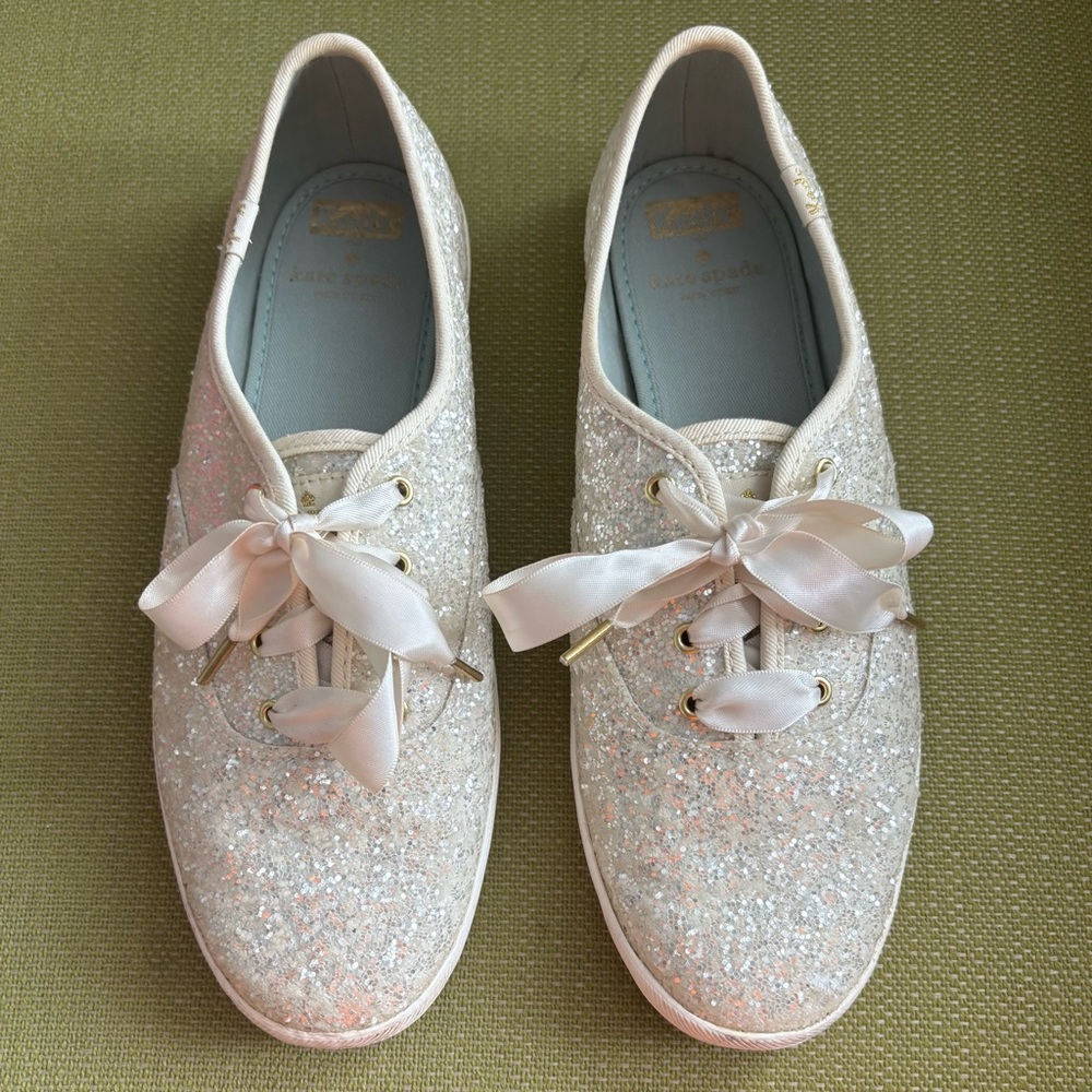 Keds Champion Kate Spade Womens Glitter Sneakers White Satin Laces Size 8.5